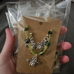 Silver and Green Bee Charm Necklace